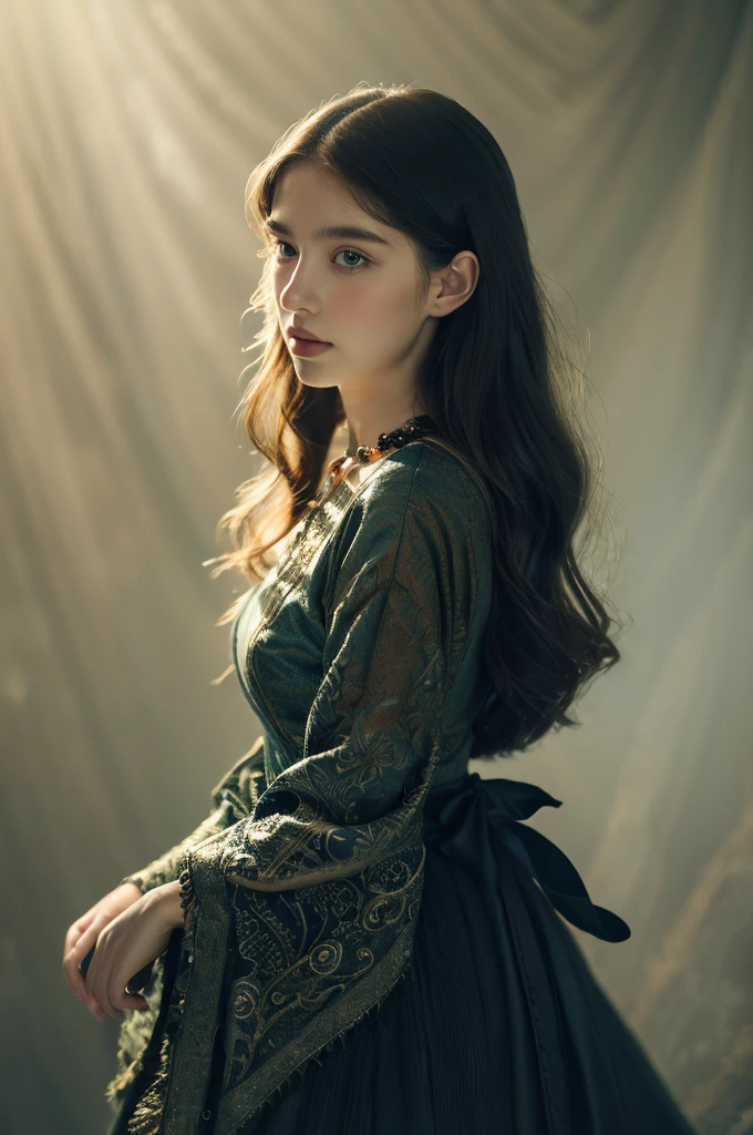 ( masterpiece, top quality, best quality,8k,17 years old girl,ultra detailed,raw photo:1.5),(photorealistic:1.4), (cinematic lighting), PerfectNwsjMajic, , Surrealism, UHD, ccurate, Super detail, textured skin, High detail, Best quality, dynamic angle, White skin,[Beautiful blue eyes], high nose,[flat chest:large breasts:0.5],(1girl),(good anatomy:0.5)), Dreamy atmosphere, Dark,expressive brush strokes, mystical ambiance, Artistic interpretation, Stunning Studio Ghibli style costumes, a whimsical illustration, Subtle colors and tones, mystical aura, jewelry ,sparkling,  loose hair 