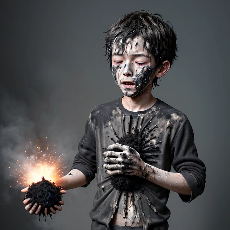 Explosion when opening birthday present、A boy covered in soot and in tatters