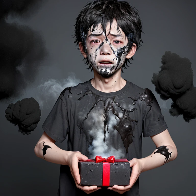 Explosion when opening birthday present、A boy covered in soot and in tatters