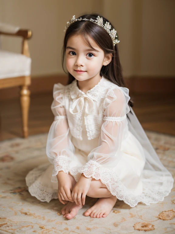 best quality，masterpiece，high resolution，HD，super clear face，sitting，a beauty，Rich daughter，early ，dignified and elegant，High-end designer children&#39;s clothing，Smile，In the mansion