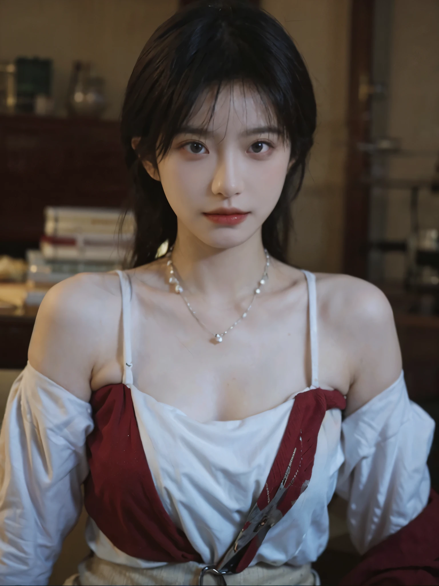 Film portrait photography, 2 girls, Bare shoulders,Lipstick，（flat chest：1.4）， Wear a necklace，Cute expression,Exquisite makeup，Red suspenders，serene, calm, (Realistic and detailed eyes, Natural skin texture, Realistic facial details), Big breasts：1.6，Big Breasts，Soft dramatic lighting, Depth of Field, Bokeh, Vibrant details, Detailed and detailed, Surreal, 35mm film, hazy, ,