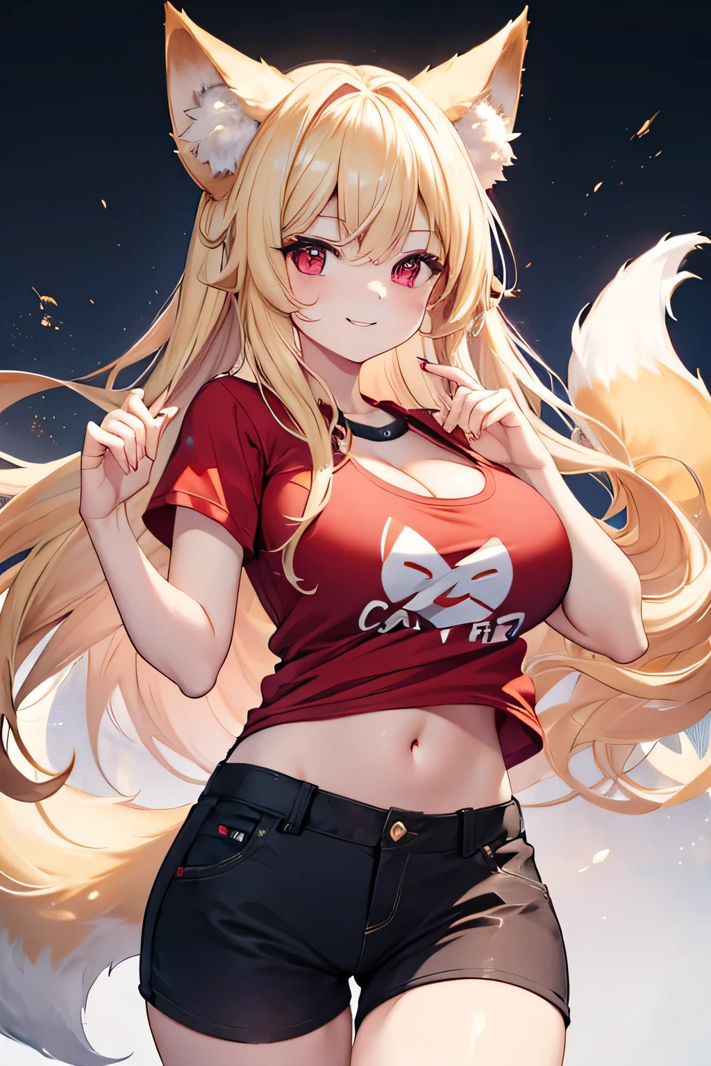 highest quality、Big Breasts、Cleavage、Fox ears、Long blonde、Red Eye、Cropped T-shirt、Shorts、smile