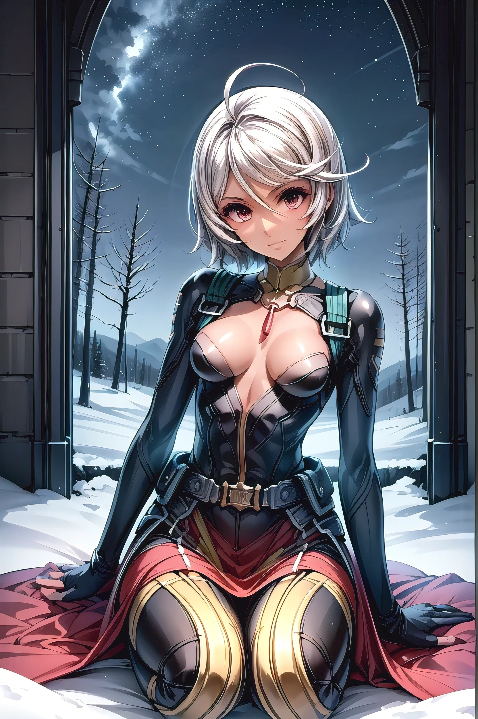 (masterpiece, best quality:1.2), solo, 1girl, yamamoto akira, dark skin, expressionless, looking at viewer, ahoge, bodysuit, outer space, (dynamic pose:1.0),happy,smile,(centered,scale to fit dimensions,Rule of thirds), ((snowy pine forest at night)), with dark stormy clouds,winter,scenery:1.25,((snow forest background)),Christmas tree, highres,sharp focus,(ultra detailed,extremely detailed),(((vibrant colors,vibrant theme))),(intricate),(masterpiece),(best quality), sitting