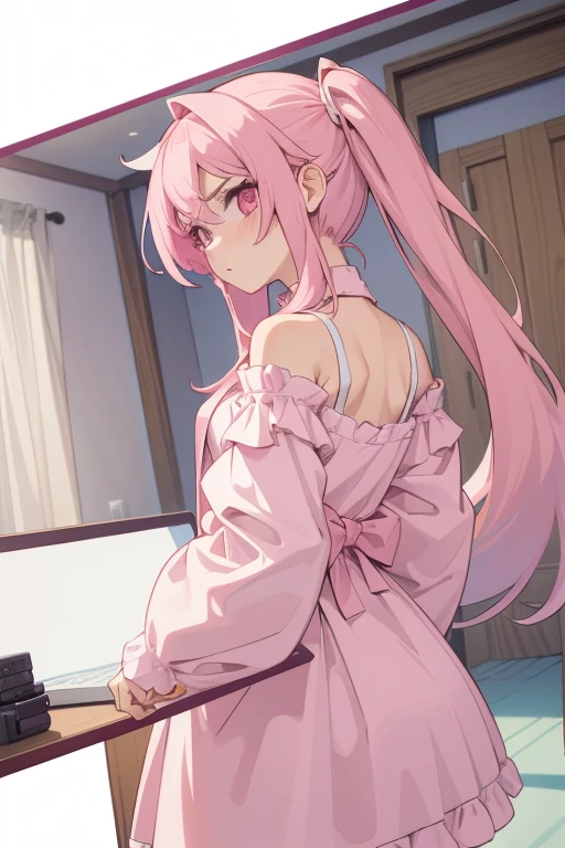 Girls with pink hair, long double-tailed hairstyle, ((small pink bushy eyebrows)), dressed in ta clothes, marked vagina, loli(Zankuro) drawing style by zankuro artist, Zancro style, image uploaded to R34, changing of clothes in a room, semi naked with underwear in her hands looking away, not looking at the camera (hidden camera recording her, security camera filter recording her)