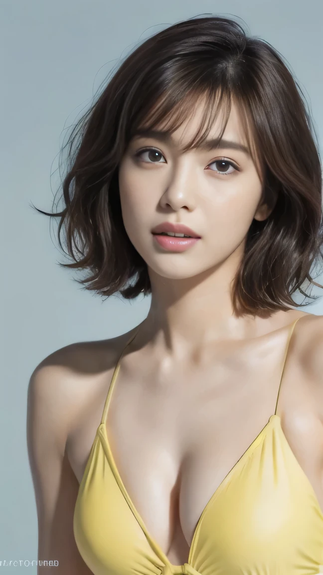 (the body turns in the direction of the viewer:1.2) , Generate with SFW, (1 girl:1.3), ((Cowboy Shot)), Japanese, 20 year old supermodel, the body is slim, , (from before), (highest quality:1.4), 32k resolution, (Realistic:1.5), (Ultra-realistic:1.5), High resolution UHD, , ((Do not emphasize the top of the bust)), ((light light blue background color:1.15)), Accurate Fingers, Very detailed, Symmetrical eyes, Fine eyelashes, Thinly trimmed eyebrows,masterpiece:1.2)), (Improvement of quality:1.4), (Very beautiful facial details), (Highest quality realistic skin texture:1.4), (Perfect Anatomy:1.2), (standing strait:1.37), (bikini (Lemon_yellow swimsuit) :1.21), ( Natural Makeup, [Pink lipstick], ((A good eye for quality:1.2)), (tired, Sleepy and satisfied:0.0), (Beautiful Lips:1.33), (Great nose:1.2), ((Physically Based Rendering of the Background:1.37)), (small breast), Tight waist, , Brown Hair, bangs, (natural wave short bob hair :1.37), , Gentle light illuminates the face and body, Spectacular and inspiring cinema lighting, ((arms at sides)), happy smile ,
