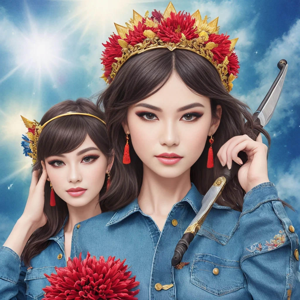 Best quality, masterpiece, super detailed high resolution, (realistic: 1.4), watercolor style, illustration, dazzling background color,, 1 Girl Holding Weapon, (Solo Exhibition: 1.2), (Denim Lens: 1.2), (Hair Crown: 1.2), Chinese Dunhuang Traditional Costume, No Straps, (Red Eyeliner: 1.2), (: 1.4), Earrings, Dynamic Angle, Opera House, messy_long_hair, Ink, Movie Lights, lens_flare, Velvet, Chrysanthemum, Tassels, Ribbons, Color Embroidery,