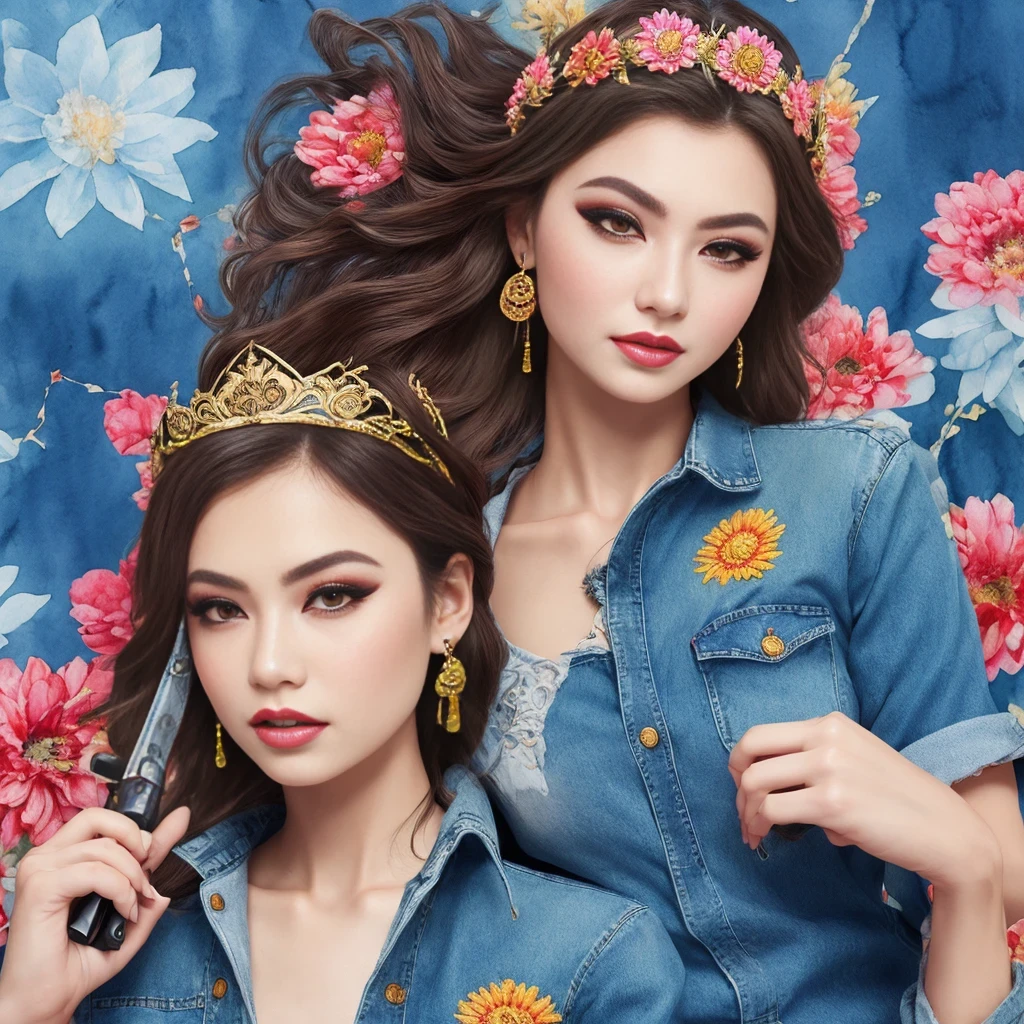 Best quality, masterpiece, super detailed high resolution, (realistic: 1.4), watercolor style, illustration, dazzling background color,, 1 Girl Holding Weapon, (Solo Exhibition: 1.2), (Denim Lens: 1.2), (Hair Crown: 1.2), Chinese Dunhuang Traditional Costume, No Straps, (Red Eyeliner: 1.2), (: 1.4), Earrings, Dynamic Angle, Opera House, messy_long_hair, Ink, Movie Lights, lens_flare, Velvet, Chrysanthemum, Tassels, Ribbons, Color Embroidery,