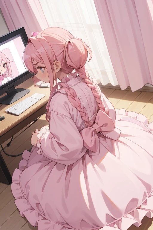 Girls with pink hair, long double-tailed hairstyle, ((small pink bushy eyebrows)), dressed in lolita clothes, marked vagina, lolicon (Zankuro) drawing style by zankuro artist, Zancro style, image uploaded to R34, changing of clothes in a room, looking away, not looking at the camera (hidden camera recording it, security camera filter recording it)