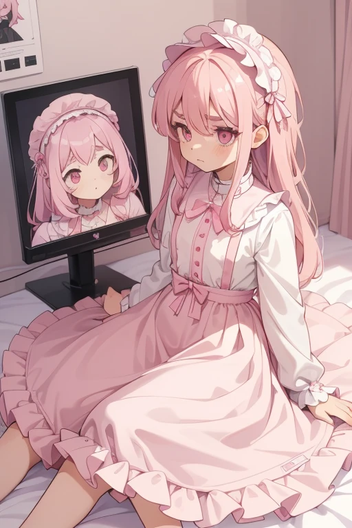 Girls with pink hair, long double-tailed hairstyle, ((small pink bushy eyebrows)), dressed in lolita clothes, marked vagina, lolicon (Zankuro) drawing style by zankuro artist, Zancro style, image uploaded to R34, changing of clothes in a room, looking away, not looking at the camera (hidden camera recording it, security camera filter recording it)