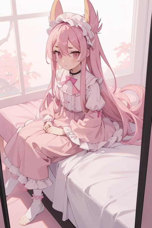 Girls with pink hair, long double-tailed hairstyle, ((small pink bushy eyebrows)), dressed in lolita clothes, marked vagina, lolicon (Zankuro) drawing style by zankuro artist, Zancro style, image uploaded to R34, changing of clothes in a room, semi naked with underwear in her hands looking away, not looking at the camera (hidden camera recording her, security camera filter recording her)