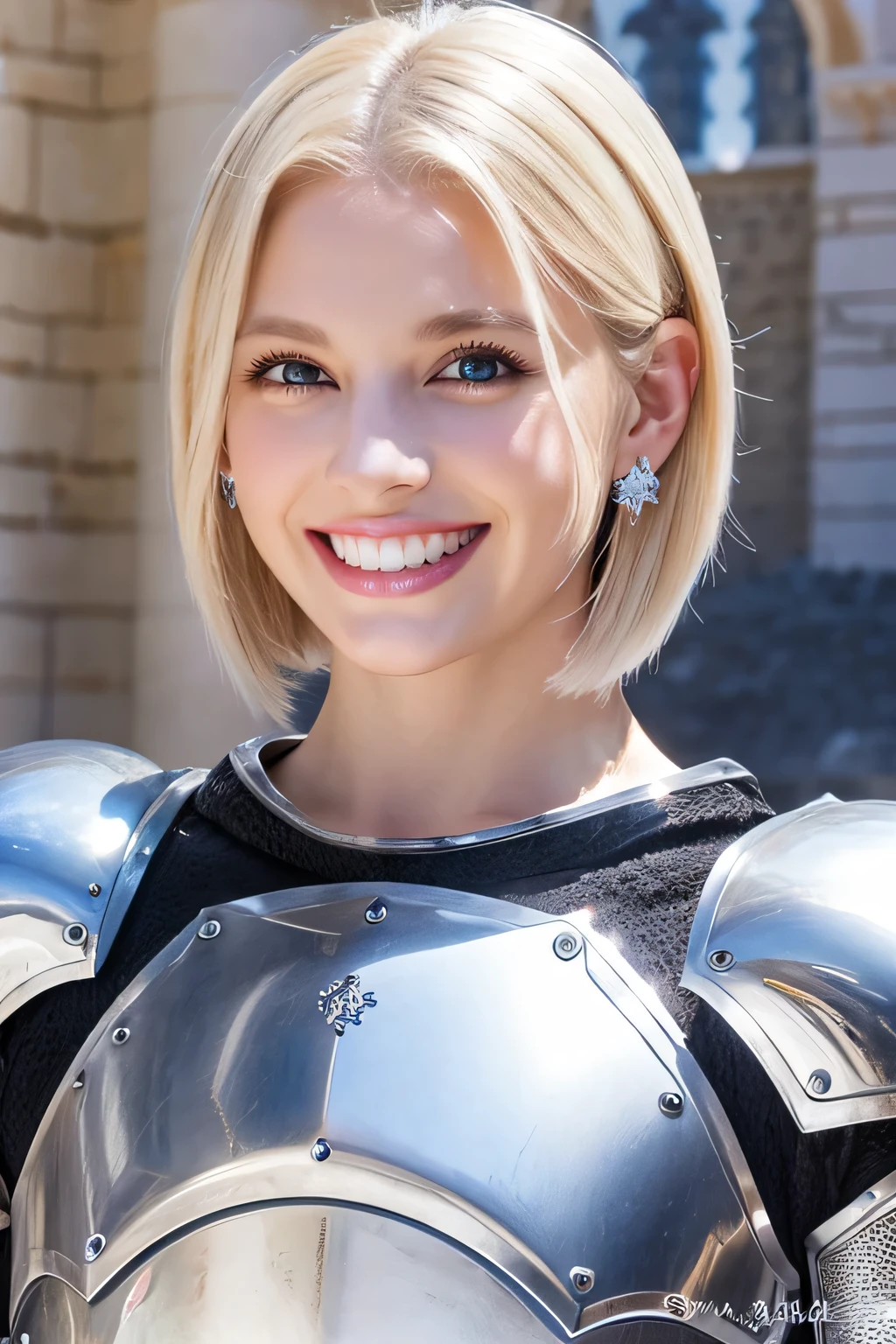 8K、highest quality、female knight、Luxurious Silver Armor、、hairstyle short cut、smile、beautiful teeth、full body photo、ear piercing、blonde、white woman、blue eyes、heavy makeup、The background is inside the castle