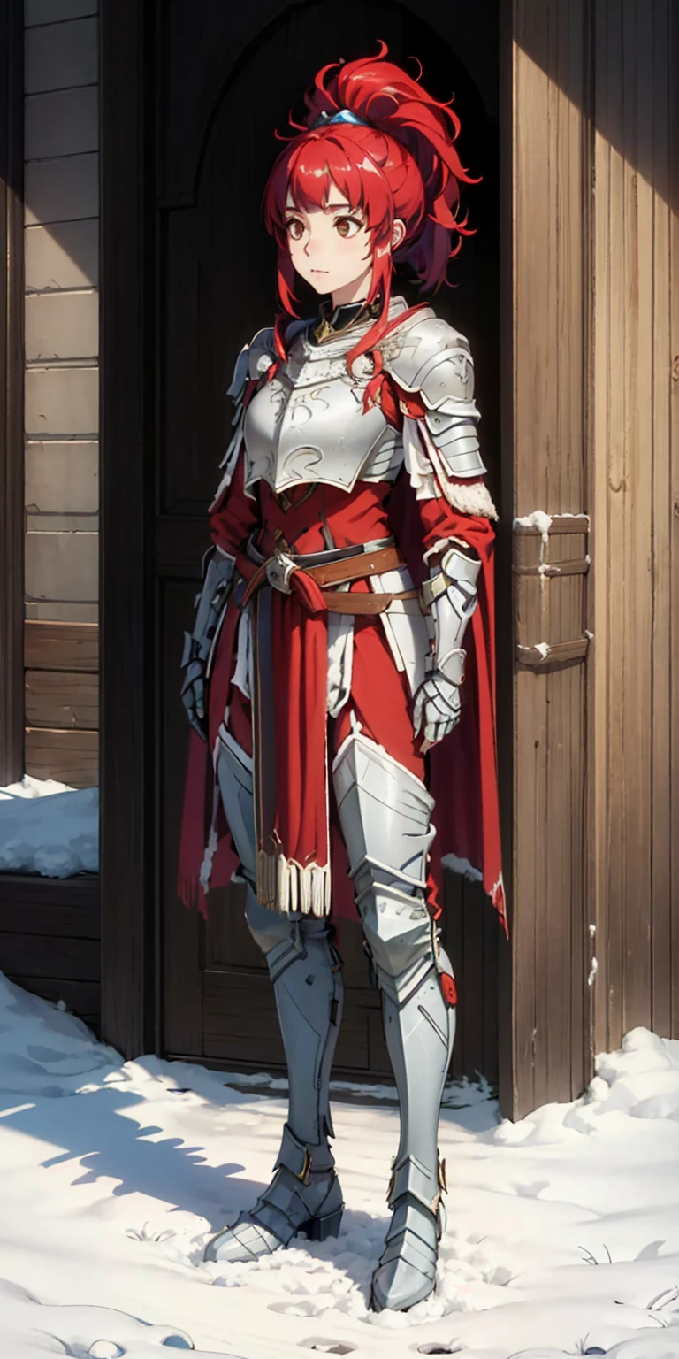 full body standing straight symmetrical, FEMALE warrior princess, big belt around waist, hair, very white skin like snow, wearing full heavy armor red cape, brown leather boots, adventurer outfit, veteran warrior