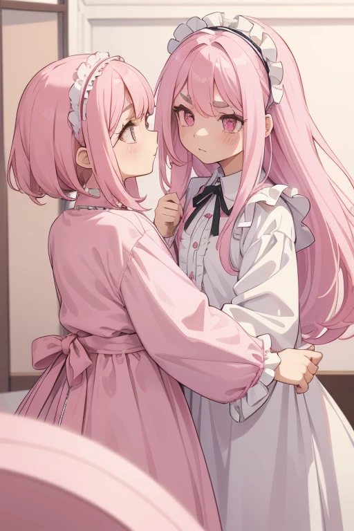 2 Girls with pink hair, long double-tailed hairstyle, ((small pink bushy eyebrows)), dressed in lolita clothes, marked vagina, lolicon (Zankuro) drawing style by zankuro artist, Zancro style, image uploaded to R34, changing of clothes in a room, looking away, not looking at the camera (hidden camera recording it, security camera filter recording it)