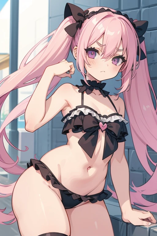 Girl with pink hair, long twintail hairstyle, small bushy eyebrows, wearing gothic lolita swimsuit, lolicon (Zankuro) drawing style by zankuro artist, Zancro style, image uploaded in R34, bikini panties wet with semen in a a street