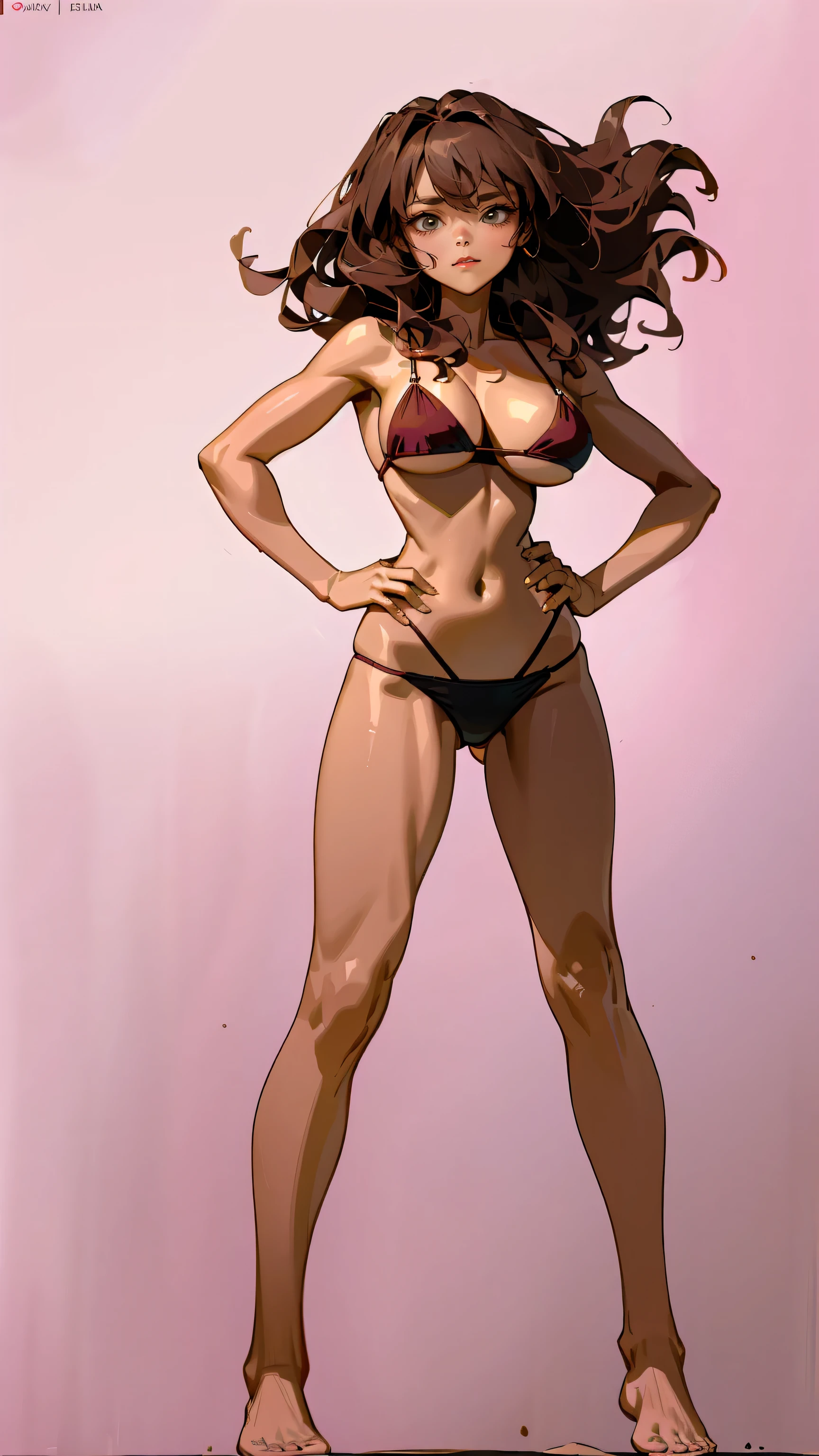 Masterpiece, best quality, Masterpiece, best quality, 1 woman, wavy brown hair , sly face , pink bikini , abdomen, big breasts , Long legs , Barefoot , hands on hips , white background