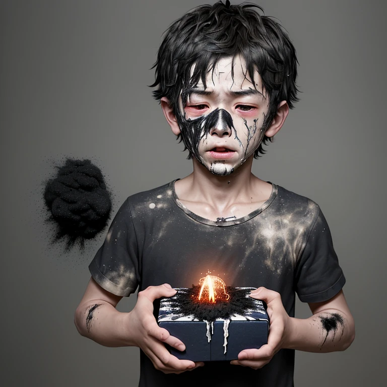 Explosion when opening birthday present、A boy covered in soot and in tatters