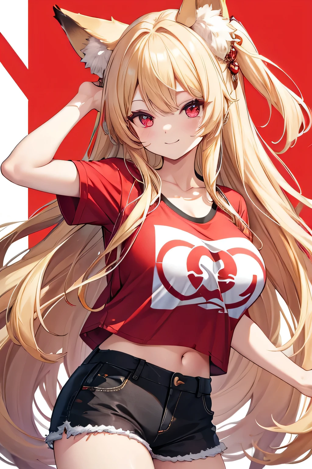 highest quality、Big Breasts、Cleavage、Fox ears、Long blonde、Red Eye、Cropped T-shirt、Shorts、smile