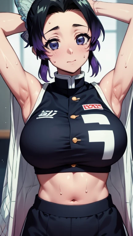 a close up of a person wearing a basketball uniform, a picture, inspired by Kentaro Miura, trending on pixiv, Shinobu Kochou, Demon Slayer, Kimetsu no Yaiba, wearing yellow nba jersey, yellow croptop nba jersey, wearing a low cut croptop, wearing croptop, croptop, written "Lakers" on the croptop, golden raito, (winking), shirobako, large)}], favorite scene, fine details. anime. skins, sweating, big breasts, both hands raised, armpits, armpits visible, dripping with sweat, more more sweat, sweaty armpits