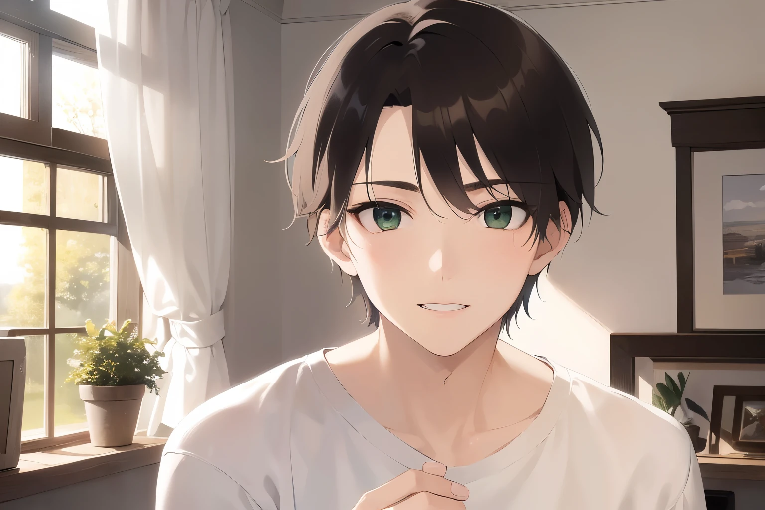 Cinematic angle masterpiece、highest quality、(25-year-old male:1.5) and (Brown short hair) and (Green Eyes), White T-shirt、Are standing、smile、oepn mouth, The background is the living room、(Alone:1.5)、Upper body is shown、