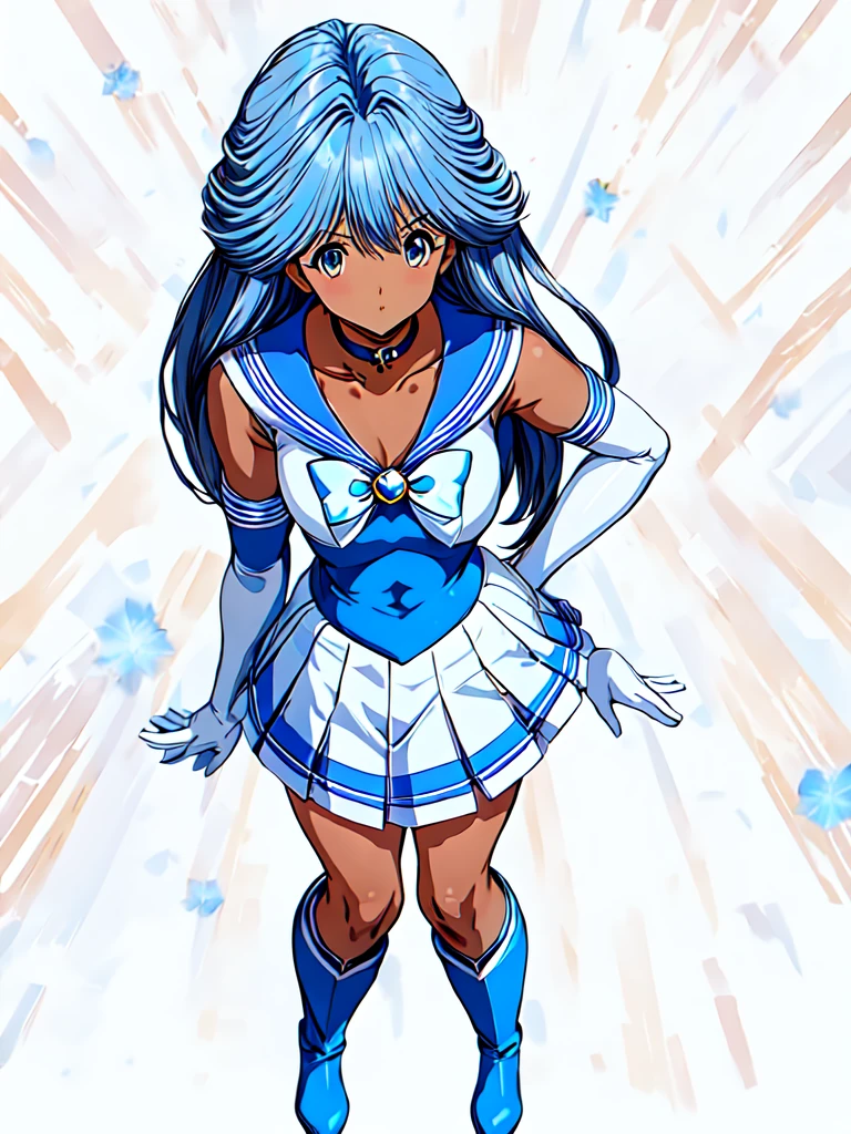 sailor mercury, 1girl, solo, skirt, simple background, gloves, bow, pleated skirt, boots, choker, elbow gloves, white gloves, dark skin, sailor collar, grey background, dark-skinned female, blue skirt, blue bow, magical girl, knee boots, blue sailor collar, blue footwear, sailor senshi uniform, blue choker