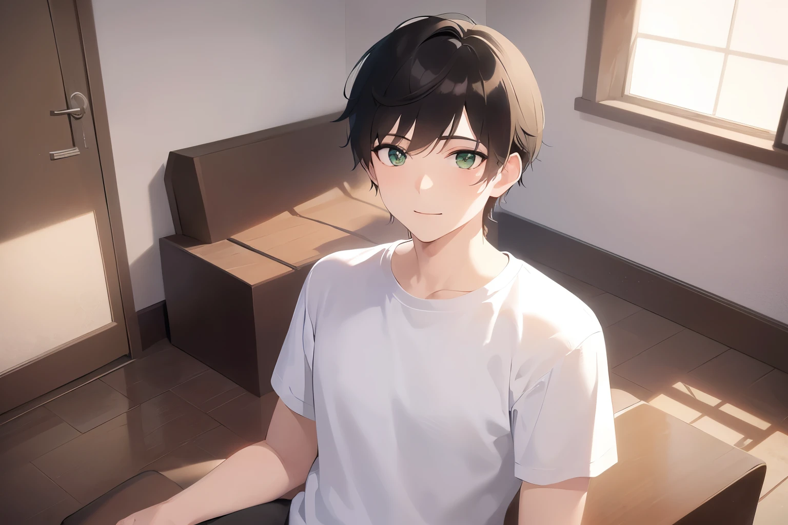 Cinematic angle masterpiece、highest quality、(25-year-old male:1.5) and (Brown short hair) and (Green Eyes), White T-shirt、Are standing、smile、oepn mouth, The background is the living room、(Alone:1.5)、Upper body is shown、