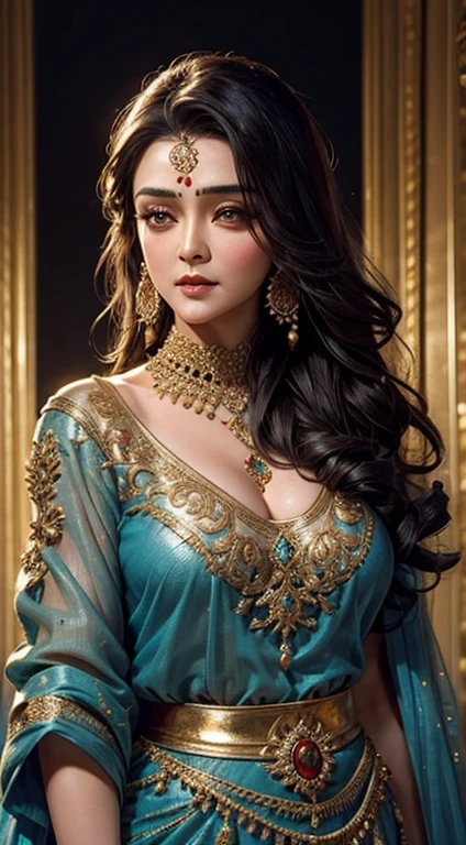 Masterpiece, 4K, (Beautiful dark haired asian woman:1.2),  portrait, high quality art, high resolution, high definition, centered, symmetrical, good anatomy, puffy lips, smiling, surprised, blushing, lipstick, beautiful eyes, smooth skin, pretty woman,  jewelry, Moroccan Caftan, Blue fabric with golden embroidery,  <lora:Moroccan_Caftan:0.8>, (upper body focus:1.2), analog style, woman, looking at viewer, naughty smile, symmetric, centered, closeup, feminine, athletic, fit, narrow waist,realistic body proportions, realistic, photo-realistic, 8k, highly detailed, led light, laser lights,fruit-flavored, glossy, sexy,  anatomically correct, symmetrical anatomy, ulzzang-6500