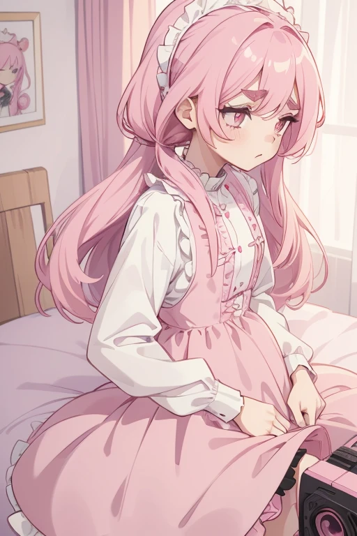 Girls with pink hair, long double-tailed hairstyle, ((small pink bushy eyebrows)), dressed in lolita clothes, marked vagina, lolicon (Zankuro) drawing style by zankuro artist, Zancro style, image uploaded to R34, changing of clothes in a room, looking away, not looking at the camera (hidden camera recording it, security camera filter recording it)