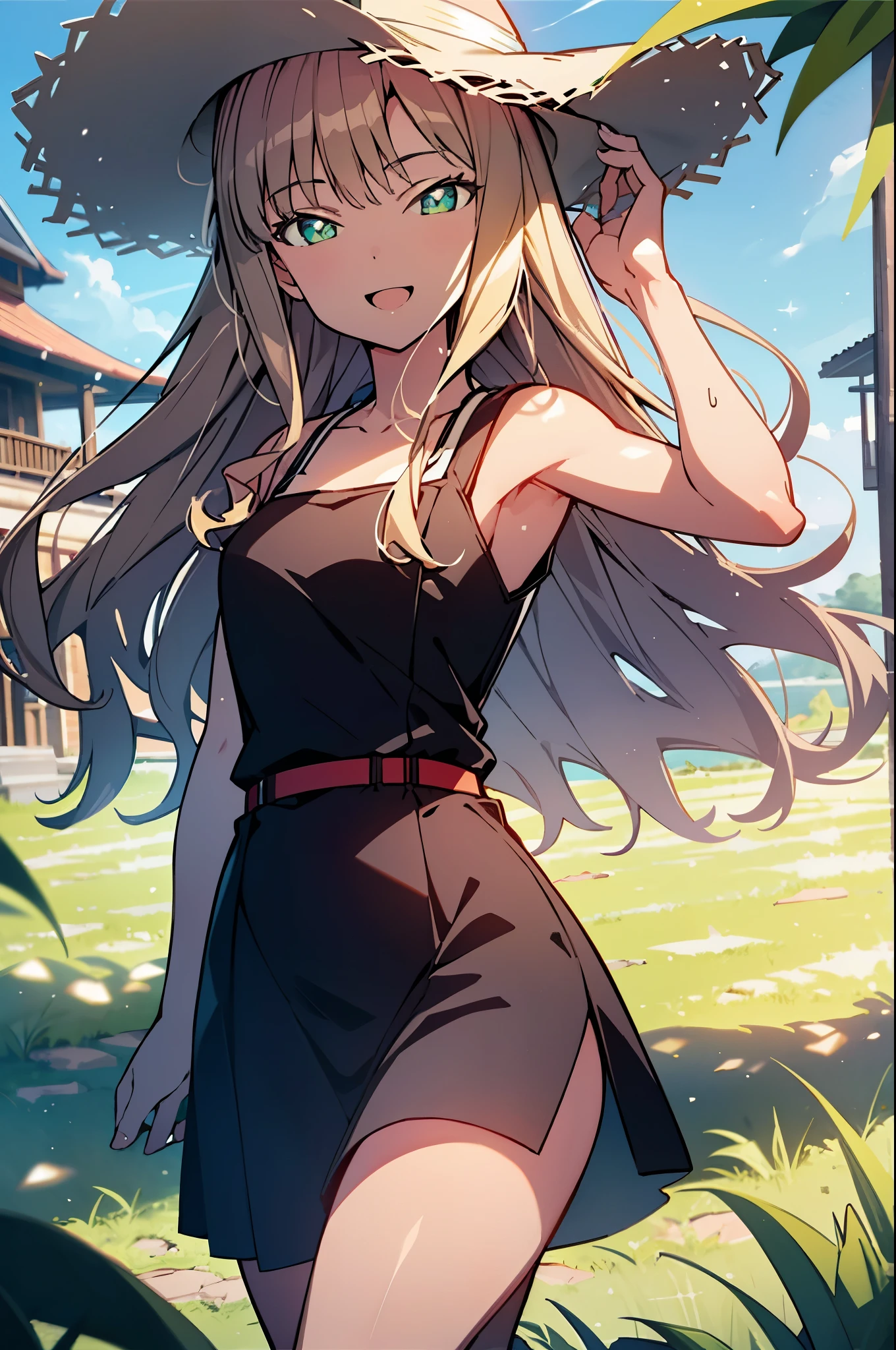 8k,highest quality,masterpiece,The seeds of a southern dream,The seeds of a southern dream sss Dynazenon,Brown Hair,Long Hair,Green Eyes,Short braided hair,happy smile, smile, Open your mouth,Big straw hat,Sleeveless dress,Bare arms,Long skirt,Cute heeled sandals,Building district,Clear skies,Daytime,(Cowboy Shot:1. 5),(masterpiece:1.2), highest quality, High resolution, unity 8k wallpaper, (shape:0.8), (Beautiful and detailed:1.6), Highly detailed face, Perfect lighting, Highly detailed CG, (Perfect hands, Perfect Anatomy),