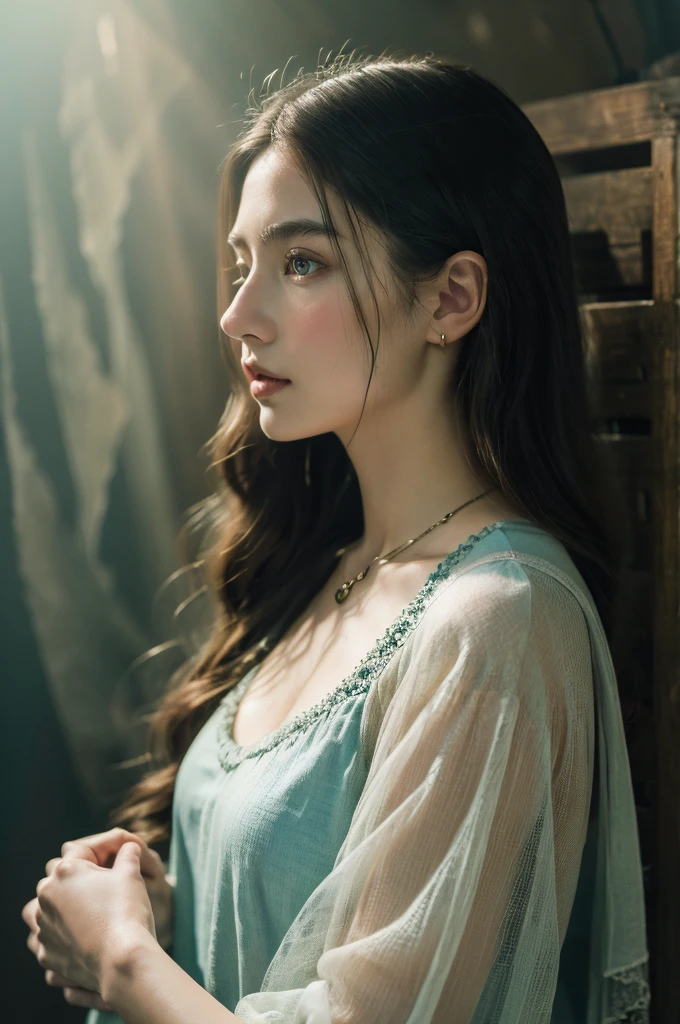 ( masterpiece, top quality, best quality,8k,17 years old girl,ultra detailed,raw photo:1.5),(photorealistic:1.4), (cinematic lighting), PerfectNwsjMajic, , Surrealism, UHD, ccurate, Super detail, textured skin, High detail, Best quality, dynamic angle, White skin,[Beautiful blue eyes], high nose,[flat ?????:?????????????:0.5],(1girl),(good ???????:0.5)), Dreamy atmosphere, Dark,expressive brush strokes, mystical ambiance, Artistic interpretation, Stunning Studio Ghibli style costumes, a whimsical illustration, Subtle colors and tones, mystical aura, jewelry ,sparkling,  loose hair 