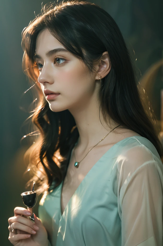 ( masterpiece, top quality, best quality,8k,17 years old girl,ultra detailed,raw photo:1.5),(photorealistic:1.4), (cinematic lighting), PerfectNwsjMajic, , Surrealism, UHD, ccurate, Super detail, textured skin, High detail, Best quality, dynamic angle, White skin,[Beautiful blue eyes], high nose,[flat chest:large breasts:0.5],(1girl),(good anatomy:0.5)), Dreamy atmosphere, Dark,expressive brush strokes, mystical ambiance, Artistic interpretation, Stunning Studio Ghibli style costumes, a whimsical illustration, Subtle colors and tones, mystical aura, jewelry ,sparkling,  loose hair 