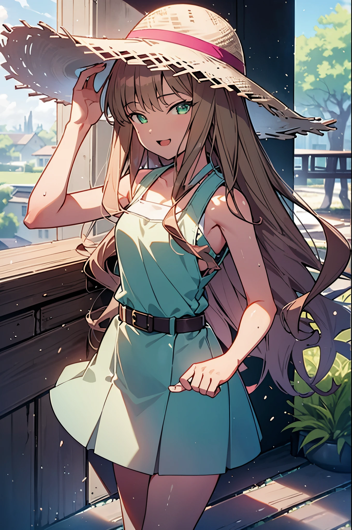 8k,highest quality,masterpiece,The seeds of a southern dream,The seeds of a southern dream sss Dynazenon,Brown Hair,Long Hair,Green Eyes,Short braided hair,happy smile, smile, Open your mouth,Big straw hat,Sleeveless dress,Bare arms,Long skirt,Cute heeled sandals,Building district,Clear skies,Daytime,(Cowboy Shot:1. 5),(masterpiece:1.2), highest quality, High resolution, unity 8k wallpaper, (shape:0.8), (Beautiful and detailed:1.6), Highly detailed face, Perfect lighting, Highly detailed CG, (Perfect hands, Perfect Anatomy),