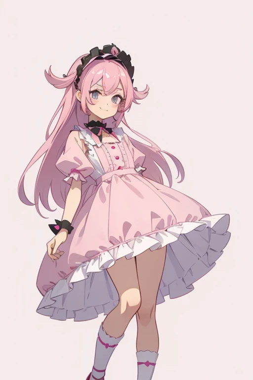 Girl with pink hair, long double-tailed hairstyle, ((small pink bushy eyebrows)), dressed in lolita clothing, marked vagina, lolicon (Zankuro) drawing style by zankuro artist, Zancro style, image uploaded to R34, standing in a street smiling, touching old male crotch