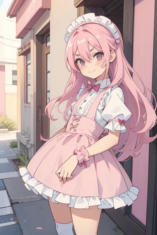 Girl with pink hair, long double-tailed hairstyle, ((small pink bushy eyebrows)), dressed in lolita clothing, marked vagina, lolicon (Zankuro) drawing style by zankuro artist, Zancro style, image uploaded to R34, standing in a street smiling, touching old male crotch