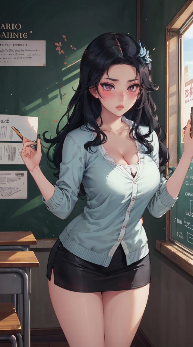 (best quality,4K,8k,high resolution,masterpiece:1.2),Super detailed,(Practical,photoPractical,photo-Practical:1.37),Nezuko Kamado,Sexy teacher,Beautiful and delicate eyes,Beautiful and delicate lips,Long eyelashes,Long black hair,Large Breasts，Showing cleavage，fit,cleveage,Revealing clothes,Short skirt,Suggestive underwear,Confident Posture,Teaching sex education,Classroom environment,blackboard,Books and papers,Students focus on,Expression of involvement and interest,Dedicated and professional teaching,Educational posters on the wall,Bright colors,Studio Lighting,soft warm tones,Warm and welcoming atmosphere