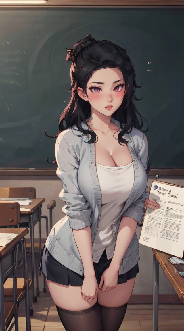 (best quality,4K,8k,high resolution,masterpiece:1.2),Super detailed,(Practical,photoPractical,photo-Practical:1.37),Nezuko Kamado,Sexy teacher,Beautiful and delicate eyes,Beautiful and delicate lips,Long eyelashes,Long black hair,Large Breasts,Showing cleavage,fit,cleveage,Revealing clothes,Short skirt,Suggestive underwear,Confident Posture,Teaching sex education,Classroom environment,blackboard,Books and papers,Students focus on,Expression of involvement and interest,Dedicated and professional teaching,Educational posters on the wall,Bright colors,Studio Lighting,soft warm tones,Warm and welcoming atmosphere
