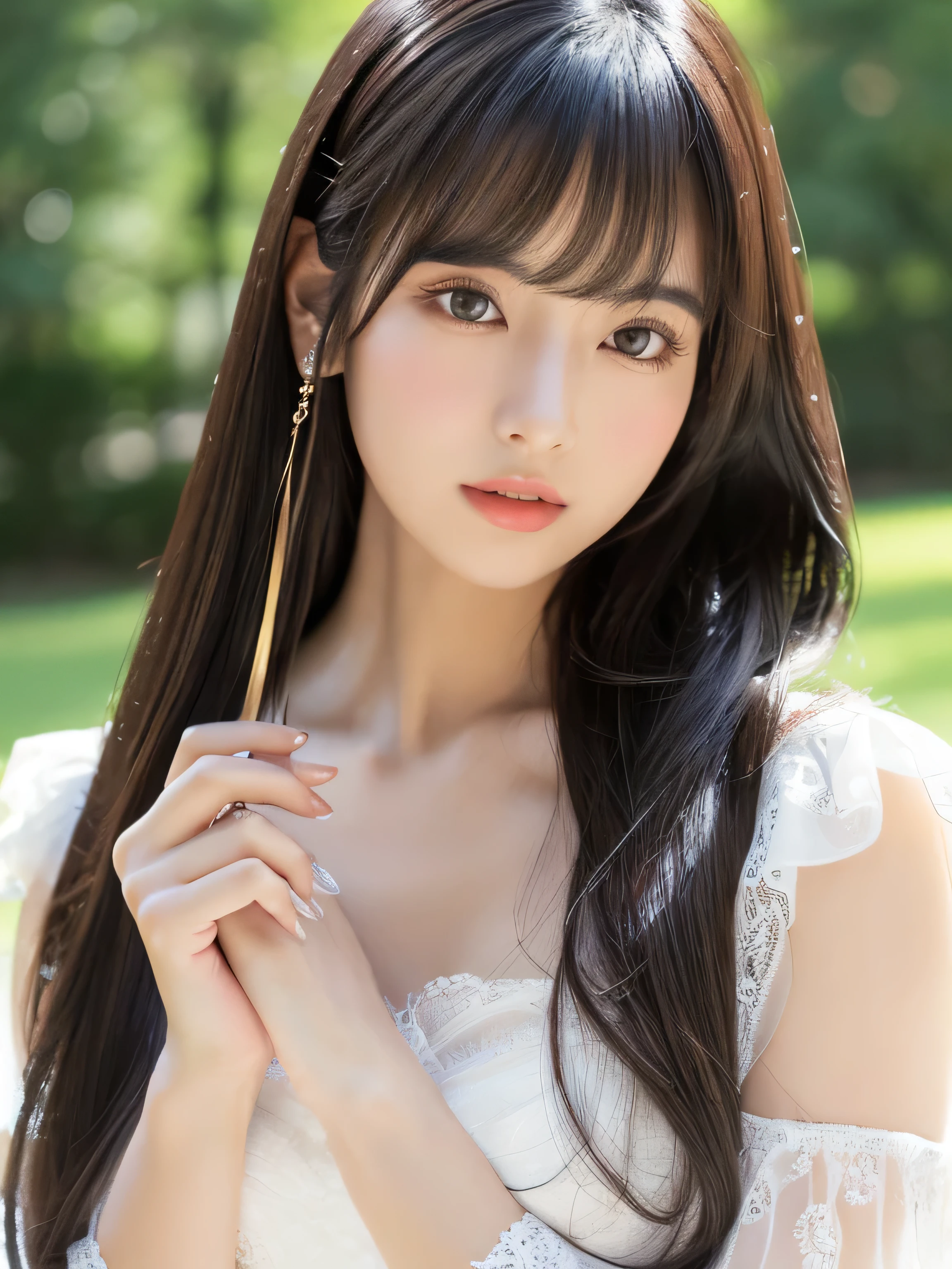 ((Full Shot:1.3)) (Big Tits 1.4) ((highest quality)), ((masterpiece)), (Get used to it), Perfect Face (1 girl) (Japanese) (She is 24 years old、The most beautiful fantasy girls in Japan) ((highest quality)), ((masterpiece)) ((Her incredibly straight, waist-length, high quality hair is very shiny and glossy and has a lot of volume and shine. Her hair is a deep black.)) (Her bangs are beautiful full bangs:1.3) (She has perfect beautiful makeup Lipstick is light red Ilaner is a beautiful black) Anatomically correct hand Thin fingers Anatomically correct five fingers Beautiful Japanese girl face, (Long Hair shiny Long Hair, length, Shiny deep black hair, length, Her hair is long and straight, Super Long Hair girl, Silky Hair, Silky Hair, length, Flat Hair, Silky texture, Long Hair, length, Flowing, deep black hair, thin and shiny hair) Anatomically correct、White beautiful human skin and detail of hands and fingers Beautiful Eyes Mouth Details the corners of the mouth rise slightly Cool look (The eyebrows are dark brown in color) (She is dressed in a fantasy pure white lace gown dress and healing spellcaster gear.:1.5 She is wearing a gorgeous white Victorian dress:1.I'm wearing 5..) (This is in the forest of a fantasy world:1.5) (She holds a healing wand、Posed as if casting a healing spell:2.2) (Open your mouth:1.3) (She turns to the viewer and gives a sweet smile)