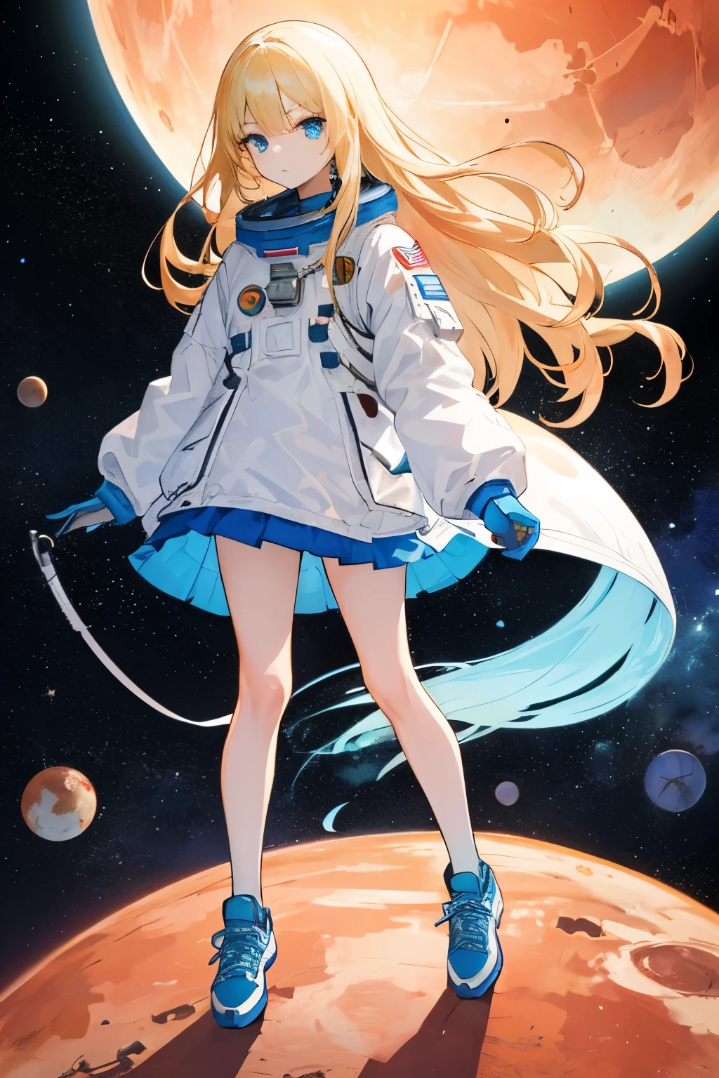 Woman, with Astronout suit, long hair, blonde hair, In Mars planet, skirt, blue eye, blue shoes, one earth, dont sus