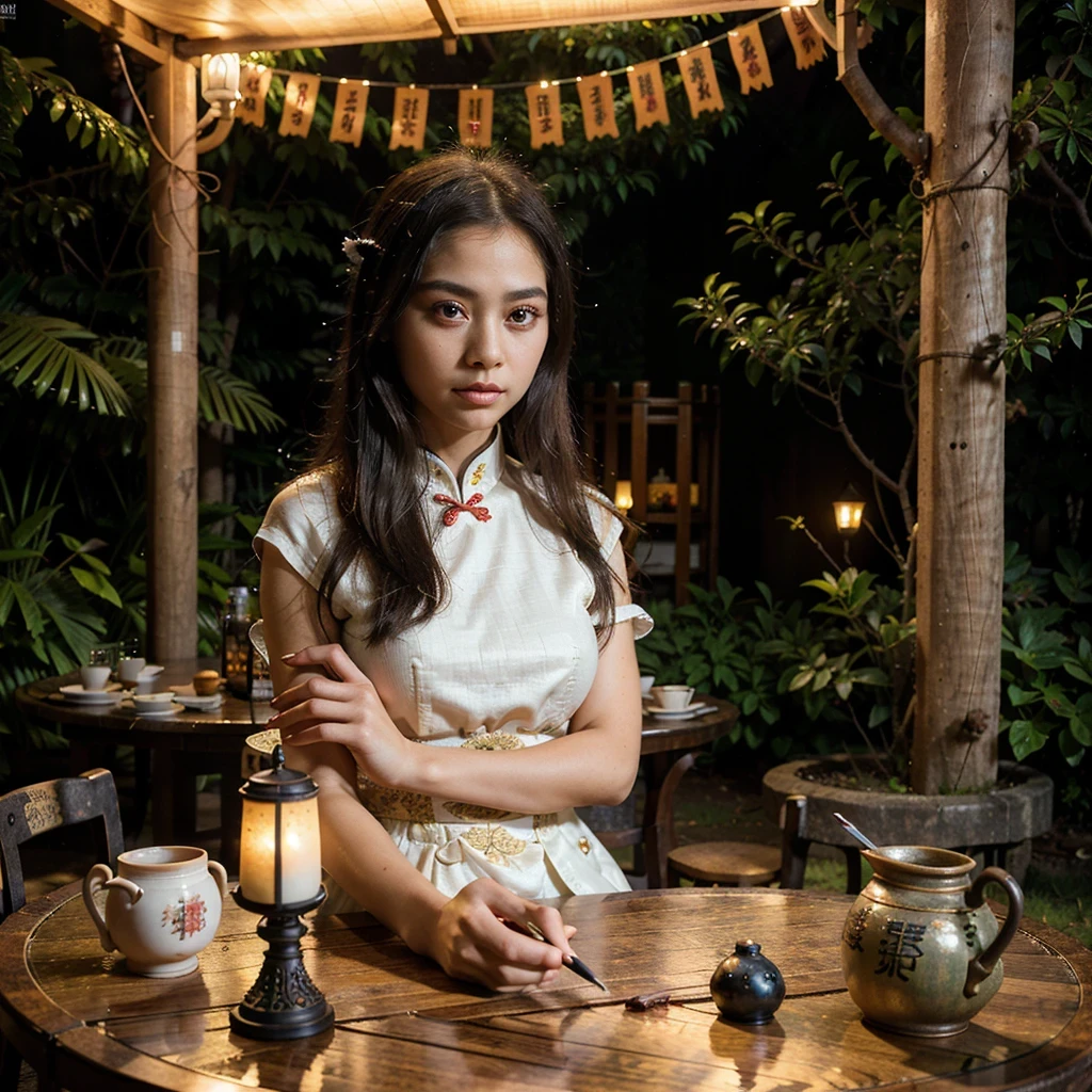 A photo of a beautiful girl in a traditional Chinese dress looking at ancient chinese book under lamp on a low table in garden surrounded by old walls in a peaceful night,((her right hold a pen and her left hand place on table)),((masterpiece)),realistic,4k,extremely detailed,((beautiful big eyes))