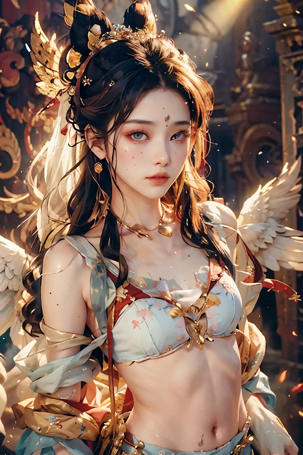 (RAW Photo, Best Quality), (Realistic, Photo Realistic: 1.3), Best Quality, Highly Detailed, Masterpiece, Hyperdetail, Illustration, 1 Girl, upper_body, Dynamic Angle, World Masterpiece Theater, messy_long_hair, Best Quality, Extremely Detailed CG Unified 8k Wallpaper, Ink, Amazing, Cinematic Lighting, lens_flare, Chu Chu Touching,The shoulders have exposed skin,The belly button is exposed,A beautiful woman,A pensive, lost in thought,Make eye contact with the other person,Thin body type,Small Bust,Small breasts,A peerless beauty who has been recognized and proposed to by many royalty and nobles.,beautiful girl,Minors,No makeup,sobriety,No red on the face,A soft angelic smile,The costume will be in light blue tones.,The underwear is a light pink with a unique design.、Primary Color Beauty,Strong-willed eyes,