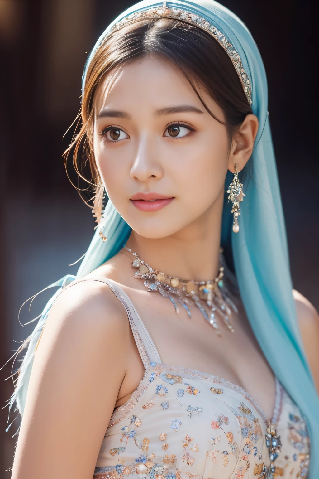 colorful, sky, flowers, magical, fantasy, tale, top-quality,Beautiful detailed hijabi,Bewitching face,tzuyu iu yooa ,long lashes,Wearing a colorful bellydancer,Detailed details,Colossal ,With cleavage, underboob, sideboob,stares at the camera, hogwarts