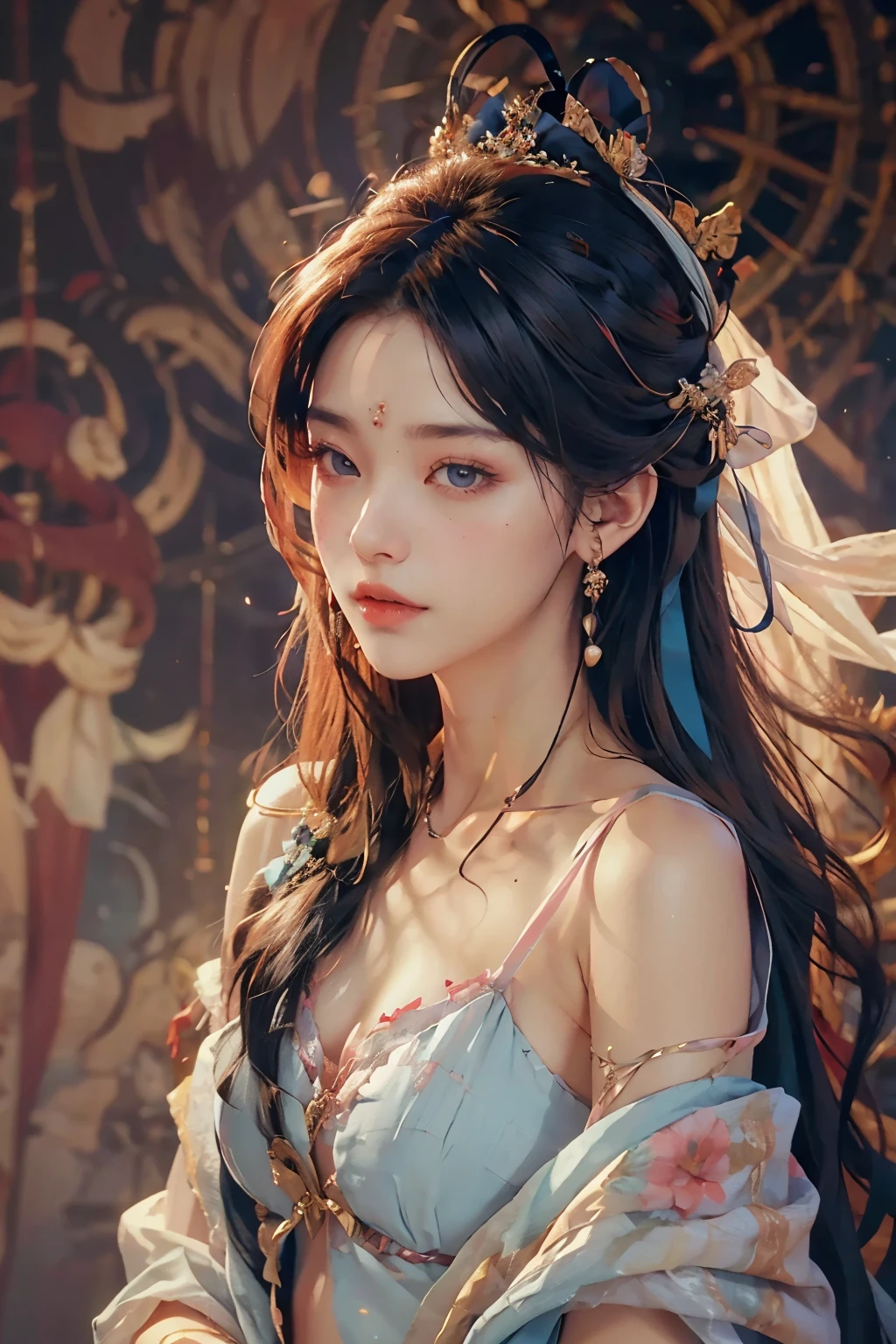 (RAW Photo, Best Quality), (Realistic, Photo Realistic: 1.3), Best Quality, Highly Detailed, Masterpiece, Hyperdetail, Illustration, 1 Girl, upper_body, Dynamic Angle, World Masterpiece Theater, messy_long_hair, Best Quality, Extremely Detailed CG Unified 8k Wallpaper, Ink, Amazing, Cinematic Lighting, lens_flare, Chu Chu Touching,The shoulders have exposed skin,The belly button is exposed,A beautiful woman,A pensive, lost in thought,Make eye contact with the other person,Thin body type,Small Bust,Small breasts,A peerless beauty who has been recognized and proposed to by many royalty and nobles.,beautiful girl,Minors,No makeup,sobriety,No red on the face,A soft angelic smile,The costume will be in light blue tones.,The underwear is a light pink with a unique design.、Primary Color Beauty,Strong-willed eyes,