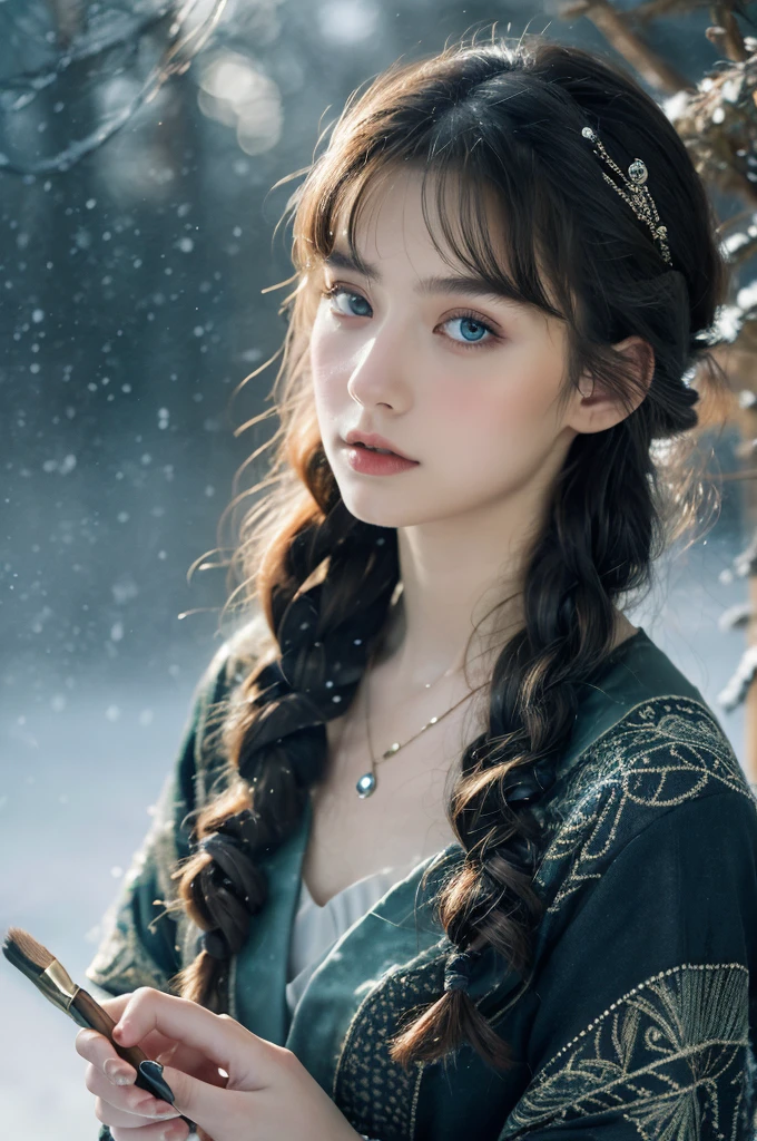 ( masterpiece, top quality, best quality,8k, girl,ultra detailed,raw photo:1.5),(photorealistic:1.4), (cinematic lighting), PerfectNwsjMajic, , Surrealism, UHD, ccurate, Super detail, textured skin, High detail, Best quality, dynamic angle, White skin,[Beautiful blue eyes], high nose,[flat chest:large breasts:0.5],(1girl),(good anatomy:0.5)), Dreamy atmosphere, Dark,expressive brush strokes, mystical ambiance, Artistic interpretation, Stunning Studio Ghibli style costumes, a whimsical illustration, Subtle colors and tones, mystical aura, jewelry ,sparkling, snow storm ,hairstyles