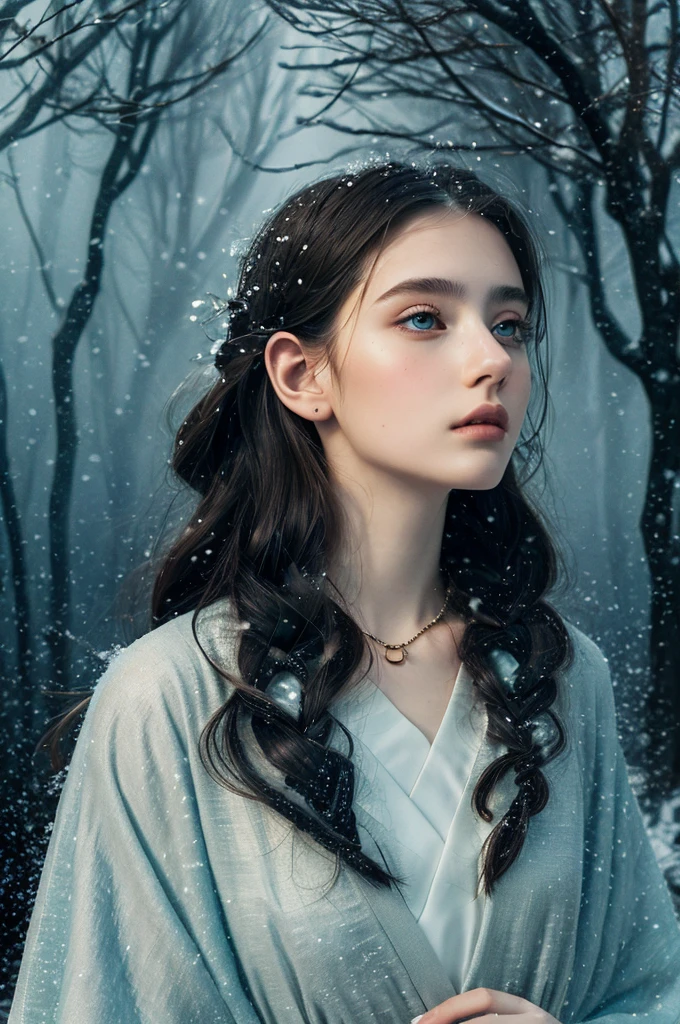 ( masterpiece, top quality, best quality,8k, girl,ultra detailed,raw photo:1.5),(photorealistic:1.4), (cinematic lighting), PerfectNwsjMajic, , Surrealism, UHD, ccurate, Super detail, textured skin, High detail, Best quality, dynamic angle, White skin,[Beautiful blue eyes], high nose,[flat chest:large breasts:0.5],(1girl),(good anatomy:0.5)), Dreamy atmosphere, Dark,expressive brush strokes, mystical ambiance, Artistic interpretation, Stunning Studio Ghibli style costumes, a whimsical illustration, Subtle colors and tones, mystical aura, jewelry ,sparkling, snow storm ,hairstyles