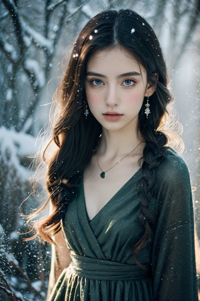 ( masterpiece, top quality, best quality,8k, girl,ultra detailed,raw photo:1.5),(photorealistic:1.4), (cinematic lighting), PerfectNwsjMajic, , Surrealism, UHD, ccurate, Super detail, textured skin, High detail, Best quality, dynamic angle, White skin,[Beautiful blue eyes], high nose,[flat chest:large breasts:0.5],(1girl),(good anatomy:0.5)), Dreamy atmosphere, Dark,expressive brush strokes, mystical ambiance, Artistic interpretation, Stunning Studio Ghibli style costumes, a whimsical illustration, Subtle colors and tones, mystical aura, jewelry ,sparkling, snow storm ,hairstyles