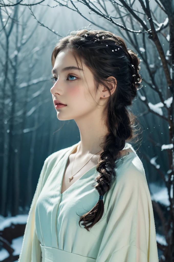 ( masterpiece, top quality, best quality,8k, girl,ultra detailed,raw photo:1.5),(photorealistic:1.4), (cinematic lighting), PerfectNwsjMajic, , Surrealism, UHD, ccurate, Super detail, textured skin, High detail, Best quality, dynamic angle, White skin,[Beautiful blue eyes], high nose,[flat chest:large breasts:0.5],(1girl),(good anatomy:0.5)), Dreamy atmosphere, Dark,expressive brush strokes, mystical ambiance, Artistic interpretation, Stunning Studio Ghibli style costumes, a whimsical illustration, Subtle colors and tones, mystical aura, jewelry ,sparkling, snow storm ,hairstyles