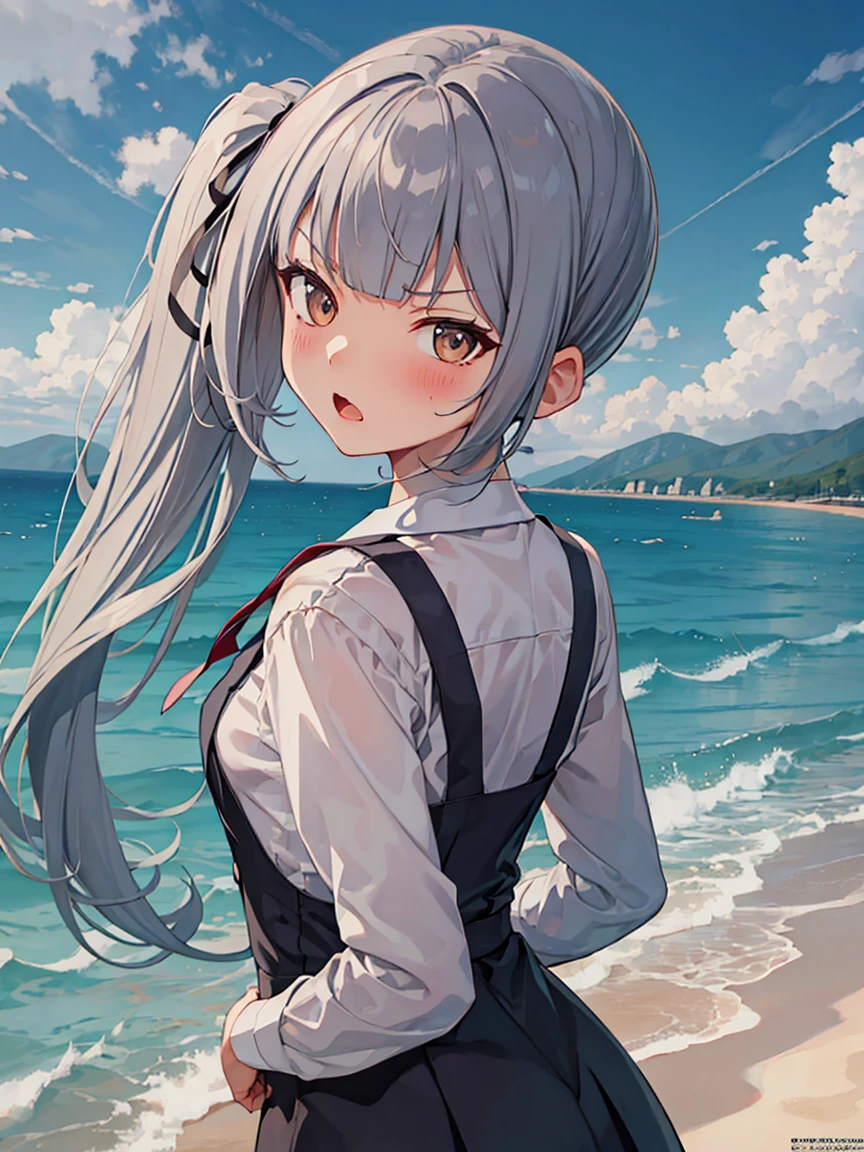 kasumi_kantaicollection, grey_hair, long_hair, side_ponytail, ribbon, brown_eyes, hair_ribbon, blush, black_ribbon, (small breasts, little body), 1 , solo, dress, pinafore_dress, school_uniform, shirt, long_sleeves, 
BREAK 
Portrait, arms behind back, head tilt
BREAK
angry, >:(, (blush)
BREAK
official art, best masterpiece, best quality, best resolution, 8K, best detailed, highly detailed hands, highly detailed fingers, very detailed mouth, perfect anatomy
BREAK
(sea, on the sea, sky), dust, dust, light particles, facing to viewer, , very fine and detailed 16KCG wallpapers