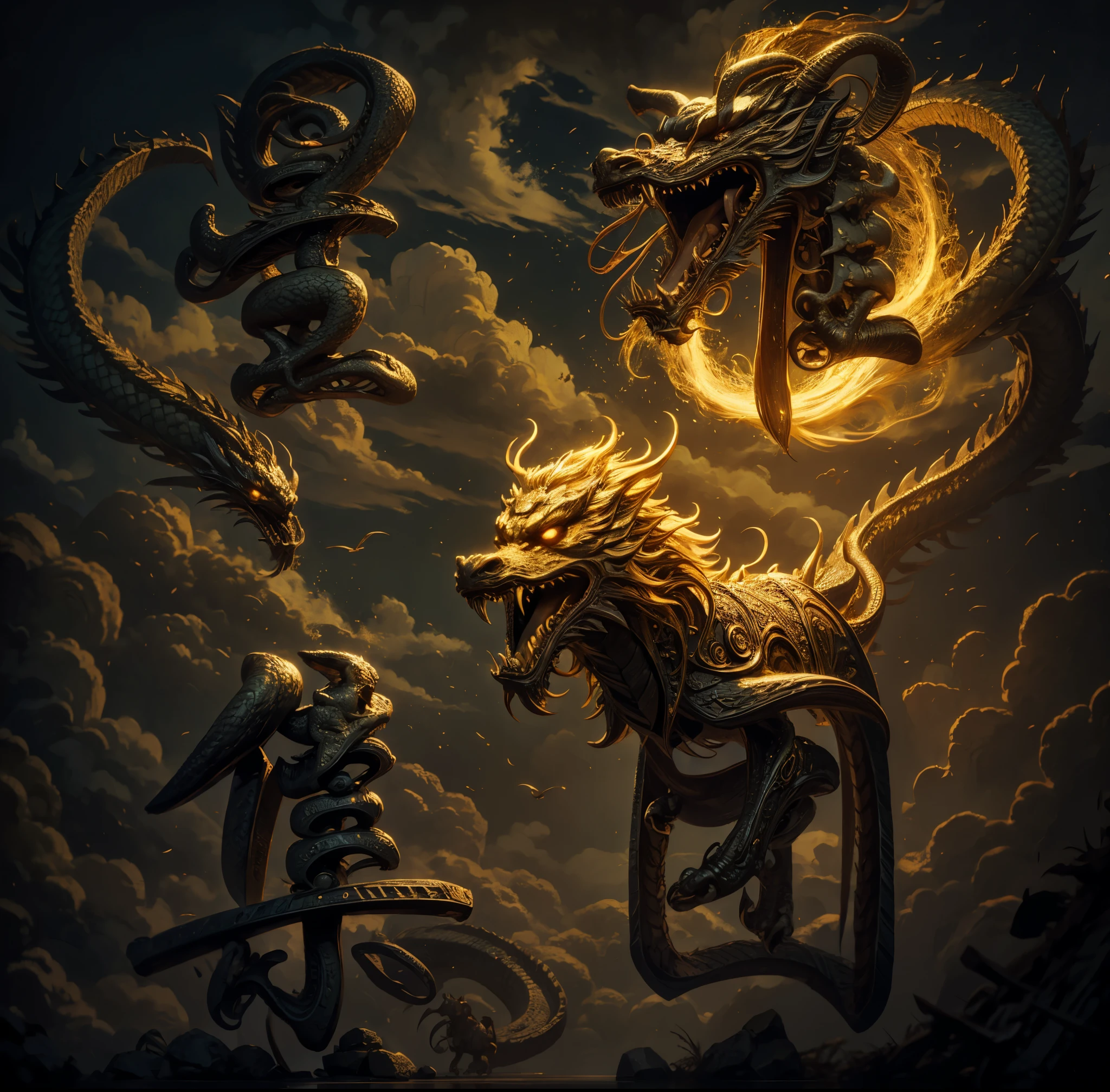 Four Chinese golden dragons，Bodhi tree，Robe，Chinese Architecture，Chinese Pattern，totem，masterpiece，Rich detailed patterns ，masterpiece，best quality，Super detailed。
