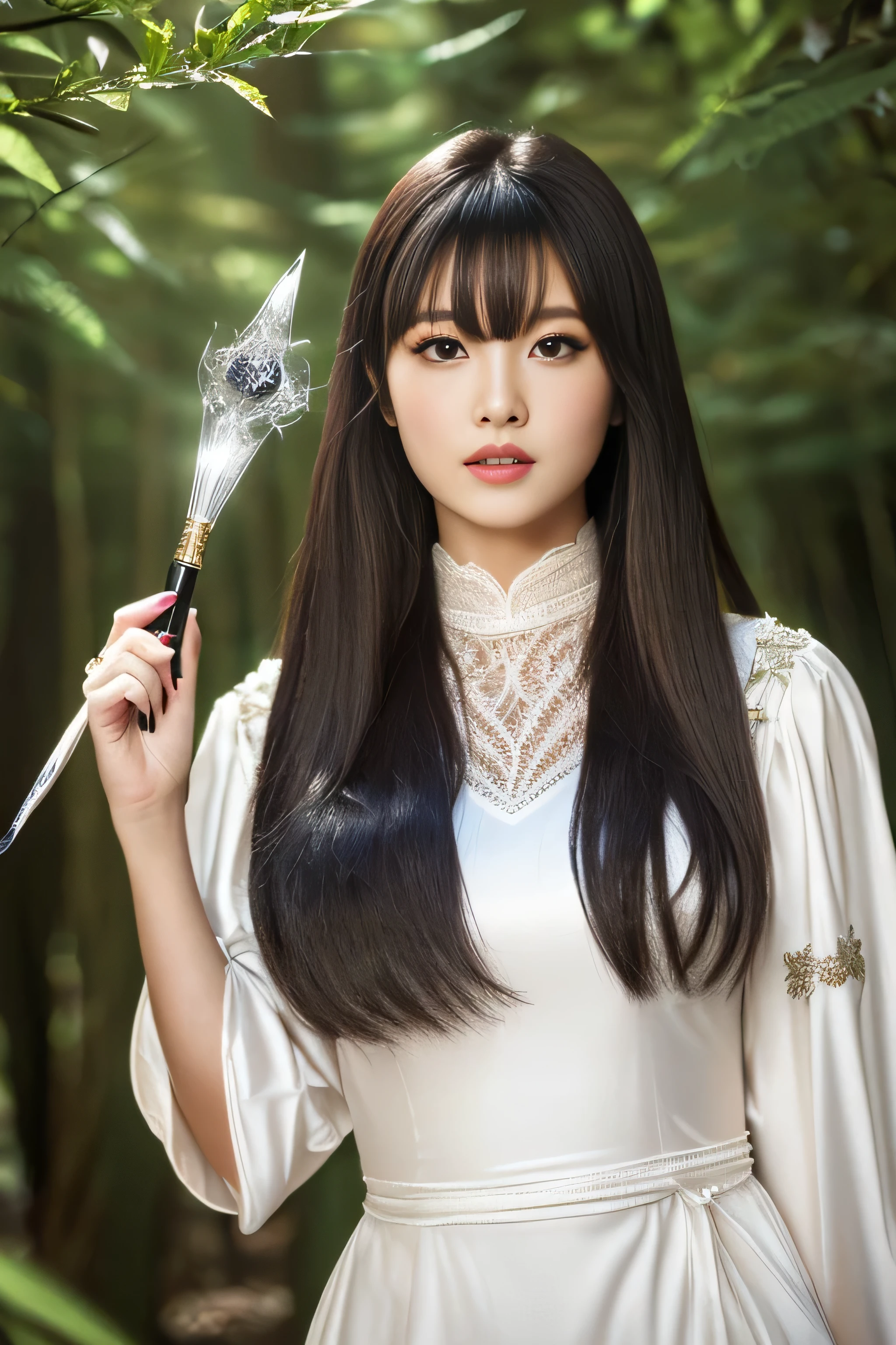 ((Full body shot:1.2))　　(Big Tits 1.4)　((highest quality)), ((masterpiece)), (Get used to it), Perfect Face　(1 girl)　(Japanese)　(She is 24 years old、The most beautiful fantasy women in Japan)　((highest quality)), ((masterpiece))　((Her incredibly straight, waist-length, high quality hair is very shiny and glossy and has a lot of volume and shine. Her hair is a deep black.))　(Her bangs are beautiful full bangs:1.3)　(She has perfect beautiful makeup　Lipstick is light red　Ilaner is a beautiful black)　Anatomically correct hand　Thin fingers　Anatomically correct five fingers　Beautiful Japanese girl face, (Long Hair shiny Long Hair, length, Shiny deep black hair, length, Her hair is long and straight, Super Long Hair girl, Silky Hair, Silky Hair, length, Flat Hair, Silky texture, Long Hair, length, Flowing, deep black hair, thin and shiny hair)　Anatomically correct、White beautiful human skin and detail of hands and fingers　Beautiful Eyes　Mouth Details　the corners of the mouth rise slightly　Cool look　　(The eyebrows are dark brown in color)　　(She is dressed in a fantasy pure white lace gown dress, a healing wizard outfit.:1.2)　(Open your mouth:1.3)　(She faces the viewer with a serious expression.)　((In the forest of a fantasy world, she holds a healing wand.、Posed to cast a healing spell:2.2))