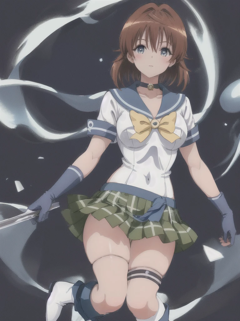 sailor mercury, 1girl, solo, skirt, simple background, gloves, bow, pleated skirt, boots, choker, elbow gloves, white gloves, dark skin, sailor collar, grey background, dark-skinned female, blue skirt, blue bow, magical girl, knee boots, blue sailor collar, blue footwear, sailor senshi uniform, blue choker