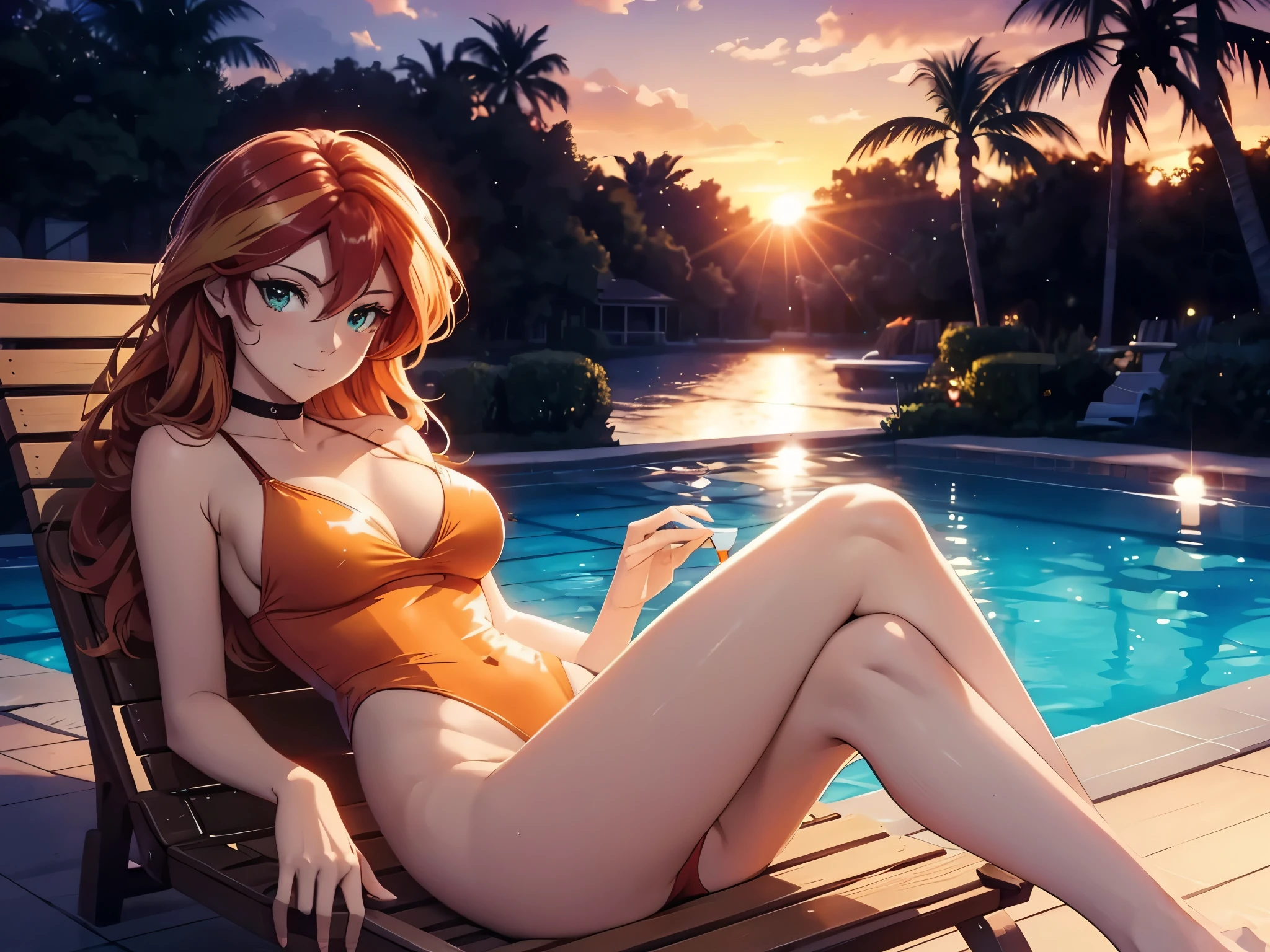 sunset shimmer wearing a cute swimsuit, reclining on a deck chair next to a swimming pool at night